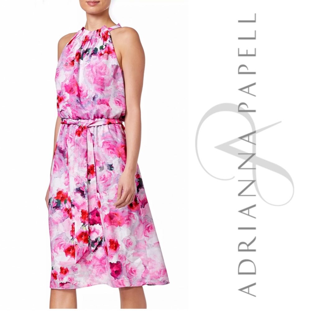 Adrianna Papell Blurred Roses Halter
Dress, Pink Multi Size 12